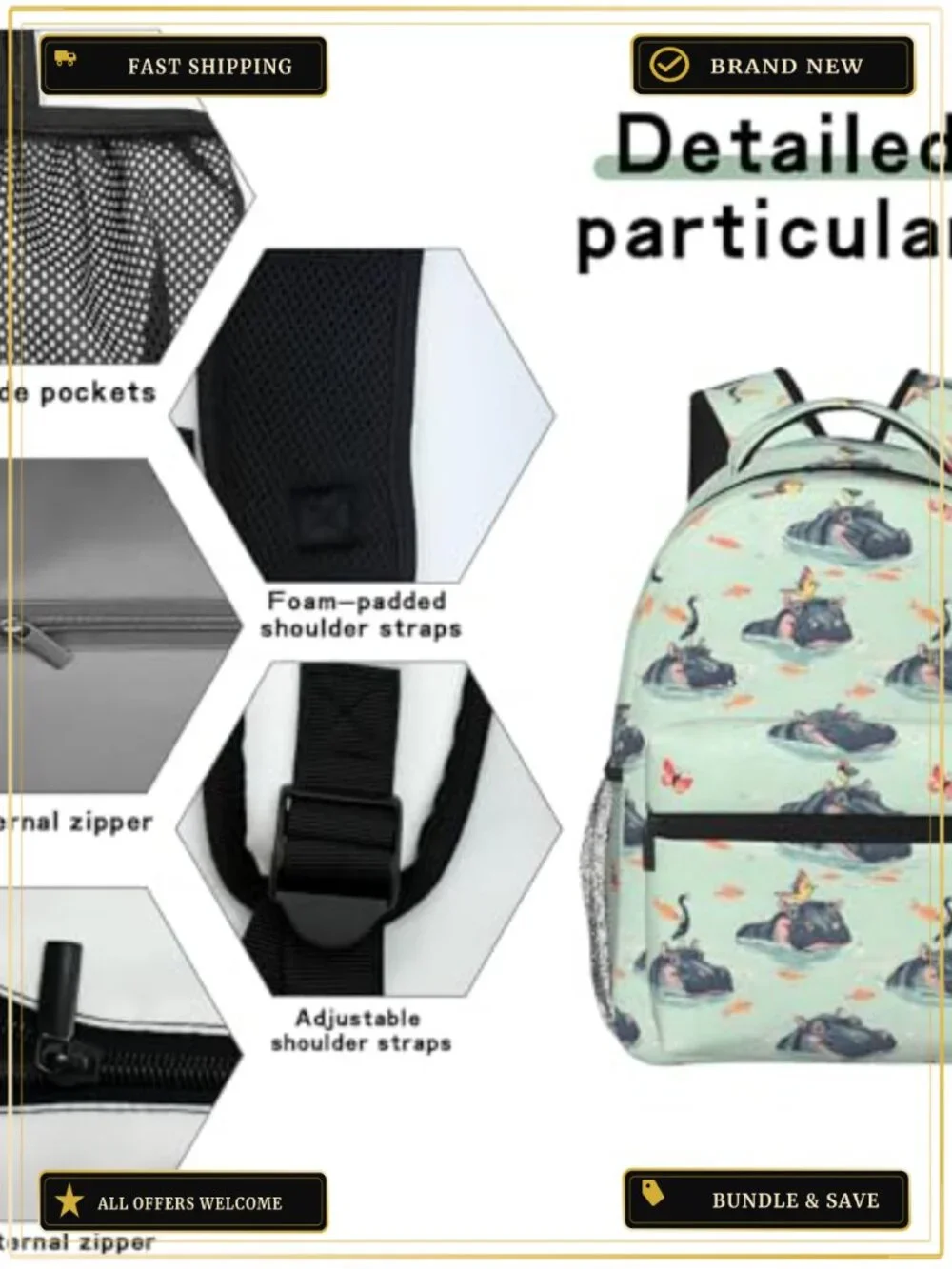 Whimsical Hippo Print Polyester Laptop Backpack Daypack with Padded Straps and